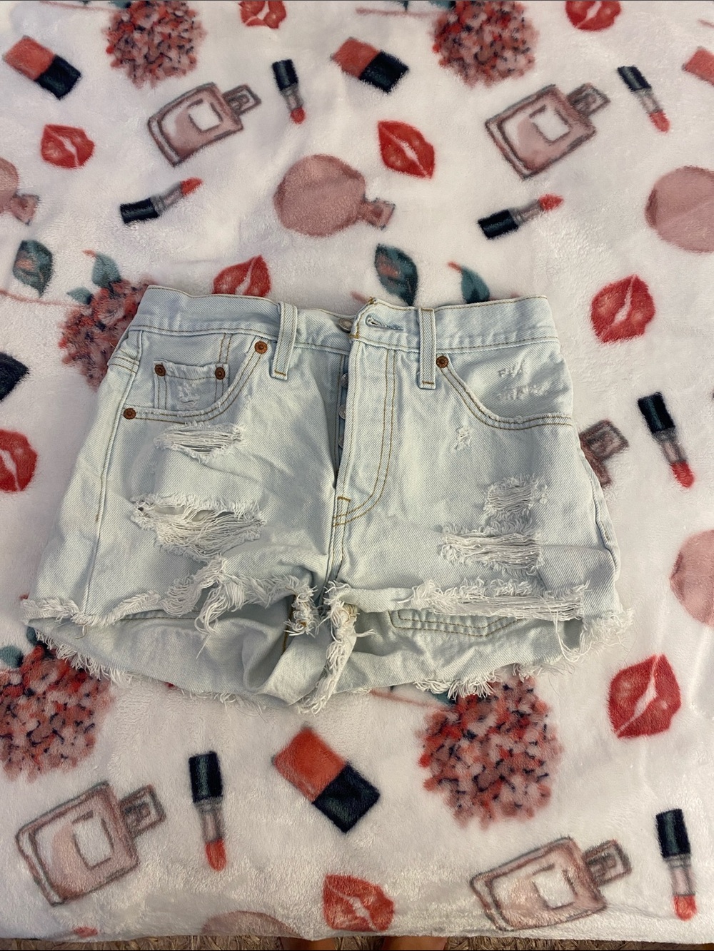 501 Levi's Light Blue Distressed High-Rise Denim Shorts